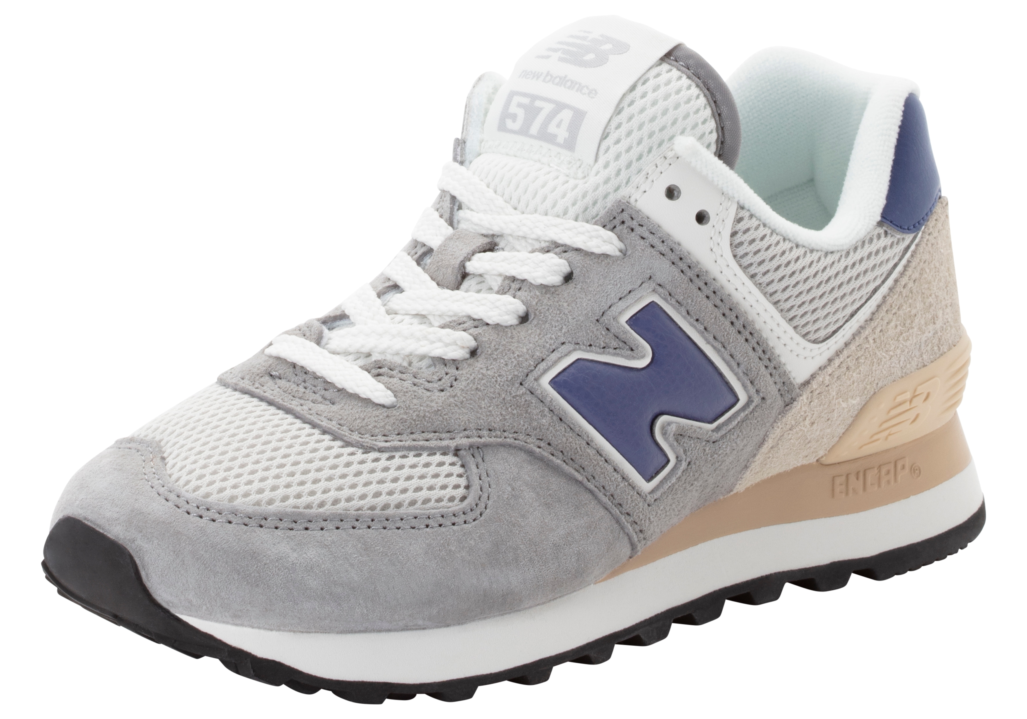 Sneaker NEW BALANCE "574", Damen, Gr. 41,5, grau (slate grau, rain cloud), Leder, Textil, mehrfarbig, Schuhe Sneaker
