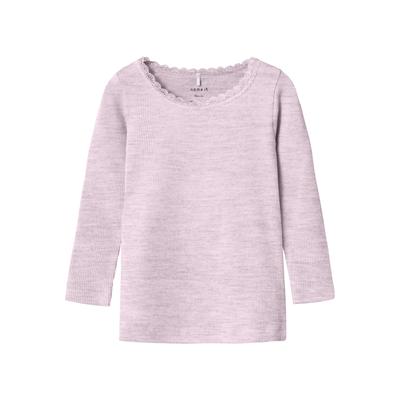Langarmshirt NAME IT "NMFKAB LS TOP NOOS", Mädchen, Gr. 104, sweet dreams detail:melange, Feinripp, Obermaterial: 57% Baumwolle, 38% Modal, 5% Elasthan, meliert, casual, regular fit hüftbedeckend, Rundhals, Langarm abgesteppte Kante, Shirts, in... Image