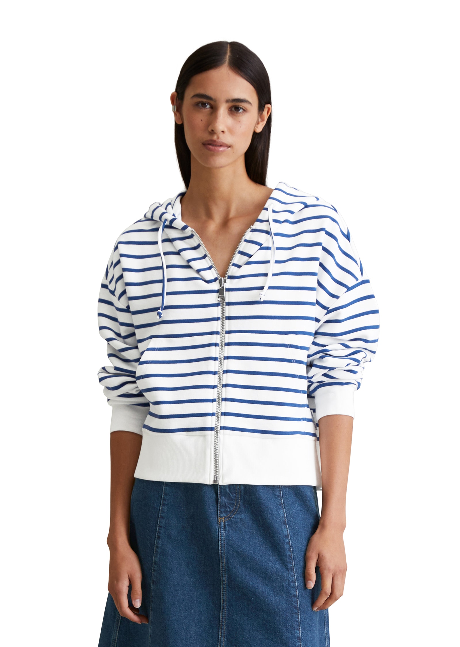 Kapuzensweatjacke MARC O'POLO DENIM, Damen, Gr. XS, blau (medium blau), Sweatware, Obermaterial: 100% Baumwolle, relaxed fit hüftlang, Sweatjacken, geringelt, relaxed fit, breite Bündchen