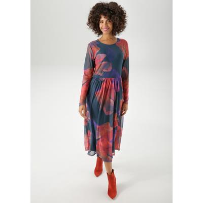 Midikleid ANISTON CASUAL, Damen, Gr. 48, N-Gr, petrol, rot, orange, lila, rosa, flieder, zimt, gelb, braun, Mesh, Obermaterial: 95% Polyester, 5% Elasthan. Futter: 100% Polyester, Batikmuster, geblümt, feminin, figurumspielend wadenlang, Rundhals,... Image