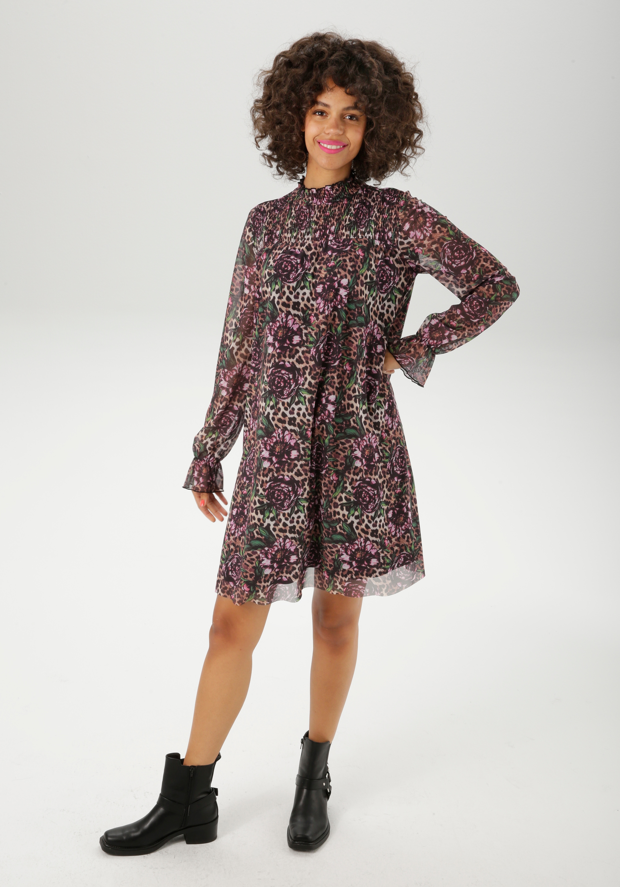 Blusenkleid ANISTON CASUAL, Damen, Gr. 46, N-Gr, schwarz, dunkelbraun, braun, hellbraun, fuchsia, pink, rose, dunkelgrün, grün, hellgrün, weiß, Mesh, Obermaterial: 95% Polyester, 5% Elasthan. Futter: 100% Polyester, animal-print, bedruckt, geblümt,...