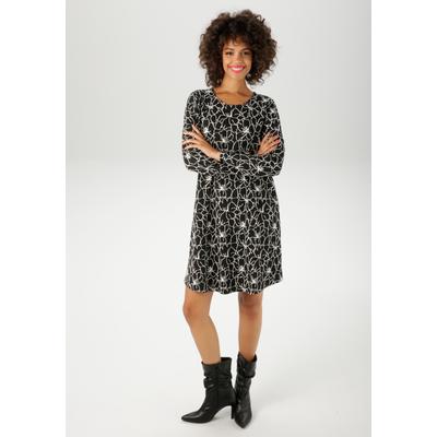 Jerseykleid ANISTON CASUAL, Damen, Gr. 48, N-Gr, schwarz (schwarz weiß), Jersey, Obermaterial: 52% Polyester, 25% Viskose, 20% Baumwolle, 3% Elasthan, Jacquardmuster, geblümt, feminin, A-Linie kniefrei, Rundhals, Langarm, Kleider, mit grafischen... Image