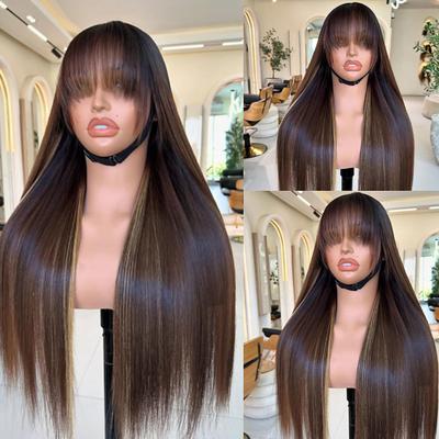 Remy Human Hair 5x5 Closure 13x4 Lace Front Wig With Bangs Vietnamese Hair Straight Brown Multi-color Wig 130% 150% Density with Baby Hair Highlighted / Balayage Hair 100% Virgin Glueless Pre-Plucked