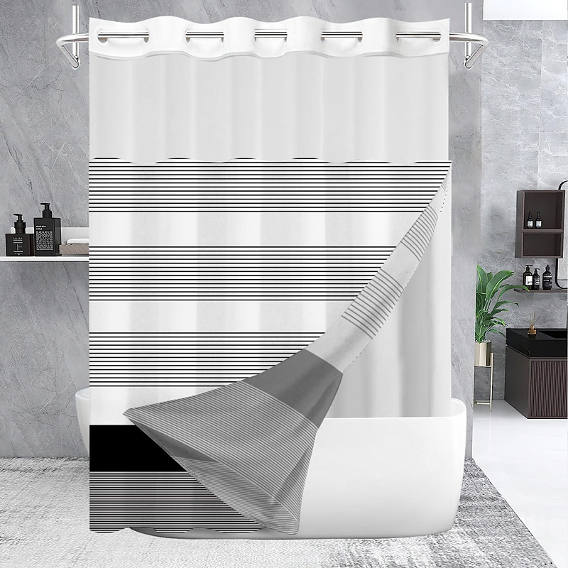 No Hook Geometry Striped Shower Curtain With Snap-in Fabric Liner Sheer Top Window Waterproof Double Layer Bathtub curtain