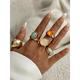 Women's Gold Vintage Gemstone Ring Set - Multi-piece set of statement chunky rings with hammered texture and colorful resin gemstones, Suitable for office,, Vintage fashion, Party and daily style