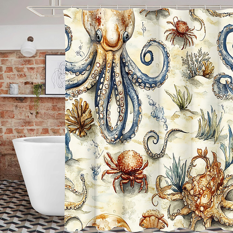 Ocean Animal Turtle Shower Curtain with Hooks for Bathroom Shower Curtain Bathroom Decor Set Polyester Waterproof 12 Pack Plastic Hooks