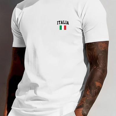TEMU Men's Italia Flag Graphic T-shirt - Soft Polyester, Casual Round Neck Tee With Ribbed Collar, Stretch, Summer Fashion Essential In Multiple Color Image