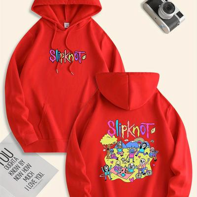 TEMU Slipknot Cartoon Print Hoodie For Men, Casual Polyester Knit Fabric Pullover, Regular Fit, With Long Sleeves, Drawstring Hood, And Front Pocket, For Image