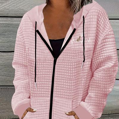 TEMU Ladies' Casual Waffle Knitted Zipper Hooded Jacket, Polyester Fiber, Machine Washable, Geometric Pattern, Hooded Collar, Zipper Details, 250g/㎡ Fabric Weight Image