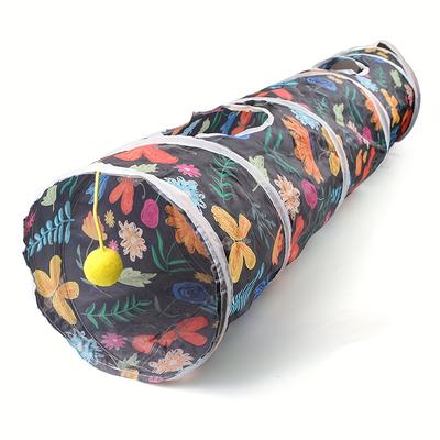 TEMU Floral Print Cat Tunnel, Foldable Polyester Tube With Hanging Ball Toy For Cats, Small Dogs, Guinea Pigs, And Rabbits, Small Animal Pathway | Floral Print Tunnel | Polyester Fabric, Cat Toys Image