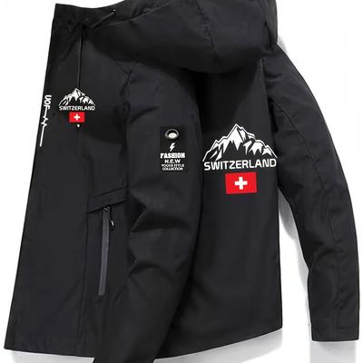 TEMU Men's Graphic Hooded Jacket - Beige Polyester Windbreaker With Mountain & Design, Machine Washable, Casual Spring/fall Outerwear For Hiking & Outdoor Activities, Hiking Jacket, Durable Fabric Image