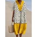 Damen Midi Strandkleid A-Linie Leinen Urlaub Lässiges Strandkleid Lockere Passform Grafisch Geometrisch V-Ausschnitt Kurzarm Sommer