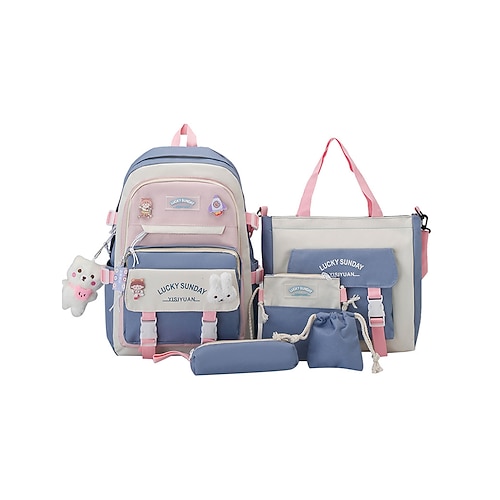 Set Zaino Kawaii per Ragazze Tween e Teen di 5 Pezzi Zaino Scuola di Grande Capacità con Borsa Tote e Astuccio per Uso Quotidiano a Scuola
