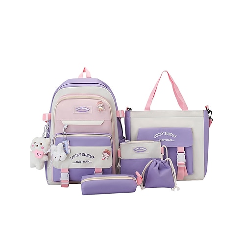 Set Zaino Kawaii per Ragazze Tween e Teen di 5 Pezzi Zaino Scuola di Grande Capacità con Borsa Tote e Astuccio per Uso Quotidiano a Scuola