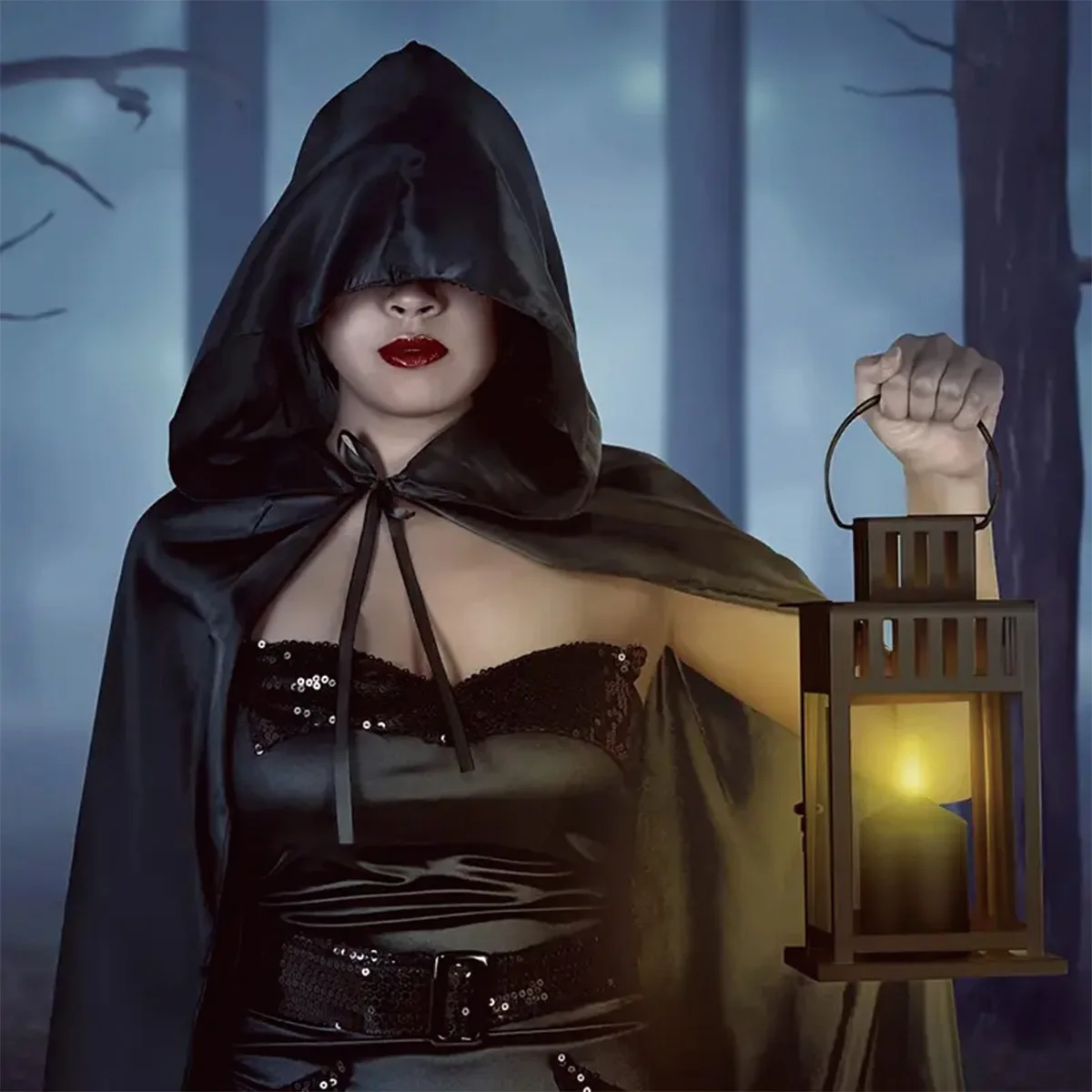 Zauberer Langes Hemd mit Kapuze Unisex Schwarze Robe Kostüm Halloween Party Performance Supplies Umhang Cosplay Kostüm Zauberer Prop Image