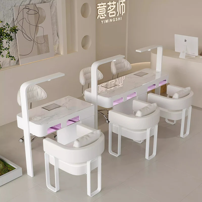 Weißer, leicht zu reinigender Nagelschreibtisch, Make-up, hochwertiger, minimalistischer Mesa-Maniküretisch, Handlicht, luxuriöse Nagel-Tisch-Salonmöbel Image