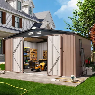 12x10 FT Tool Shed, Metal Outdoor Waterproof Storage Shed, Steel Utility Garden, with Door & Lock