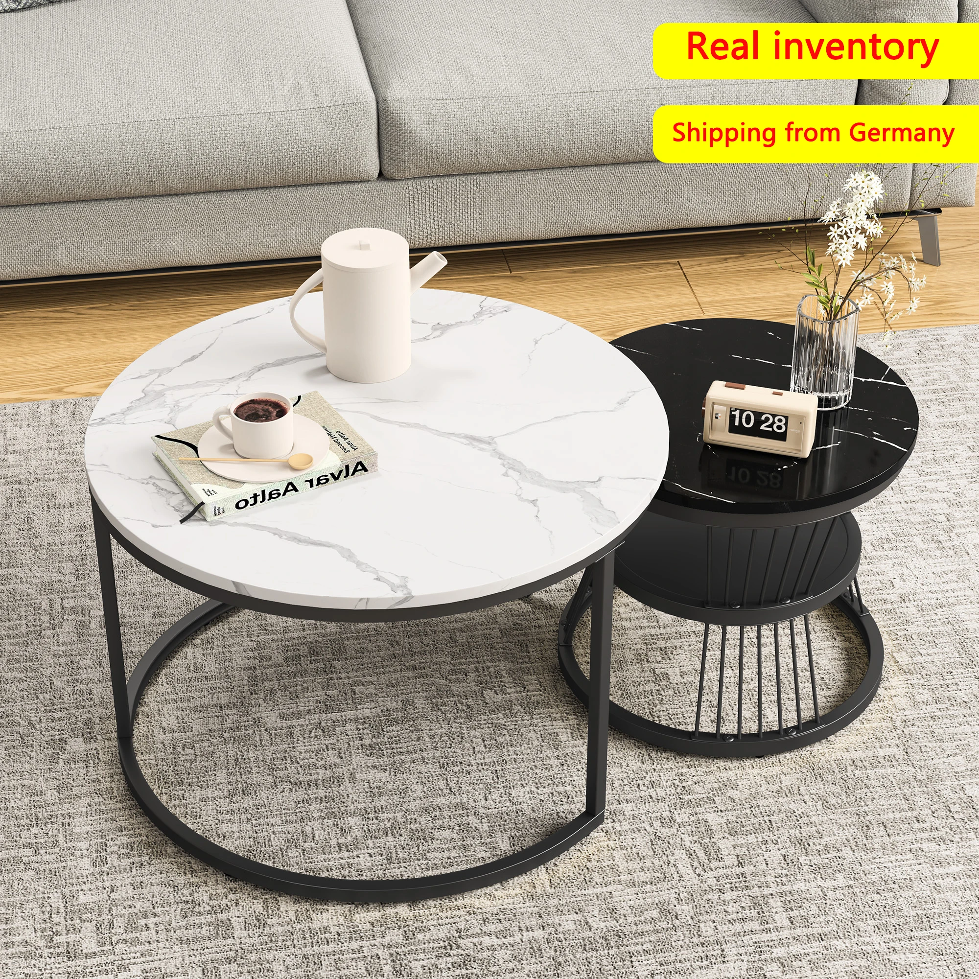 Comanlai 2er-Set Couchtische, Set Tische für Wohnzimmer, moderner Wohnzimmertisch mit Marmoroptik, für Wohnzimmer, Schlafzimmer