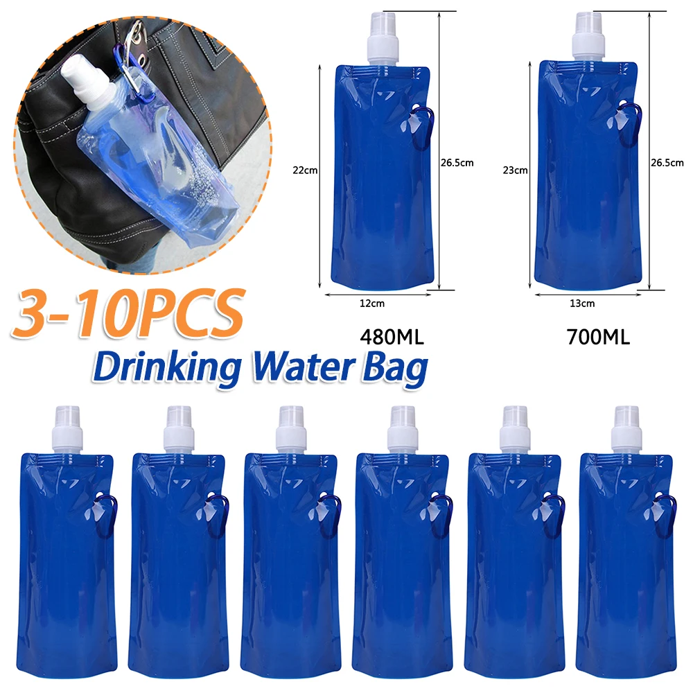 3–10 Stück 480/700 ml Reise-Wasserflasche mit Karabinern, faltbare Wasserflasche, lebensmittelechter Trinkwasserbeutel für Wandern, Reisen Image