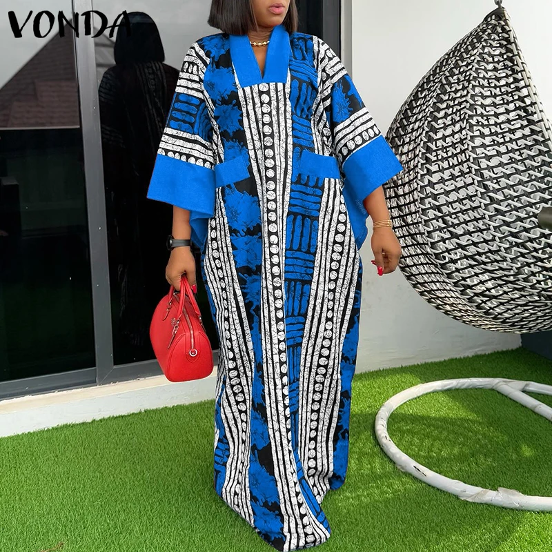 Plus Größe 5XL VONDA Vintage Print Kleid Frauen Sommer Party Maxi Vestido V-ausschnitt 3/4 Hülse Casual Oversize Böhmischen Lange Robe