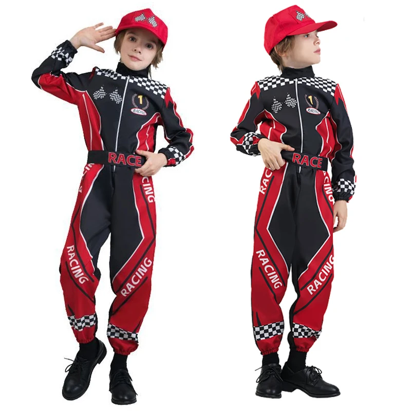 Neue Kinder Racer Cosplay Kostüm Klassische Rote Einteilige Training Racing Uniform Hut Anzug Kinder Halloween Karting Jersey Kleidung Image
