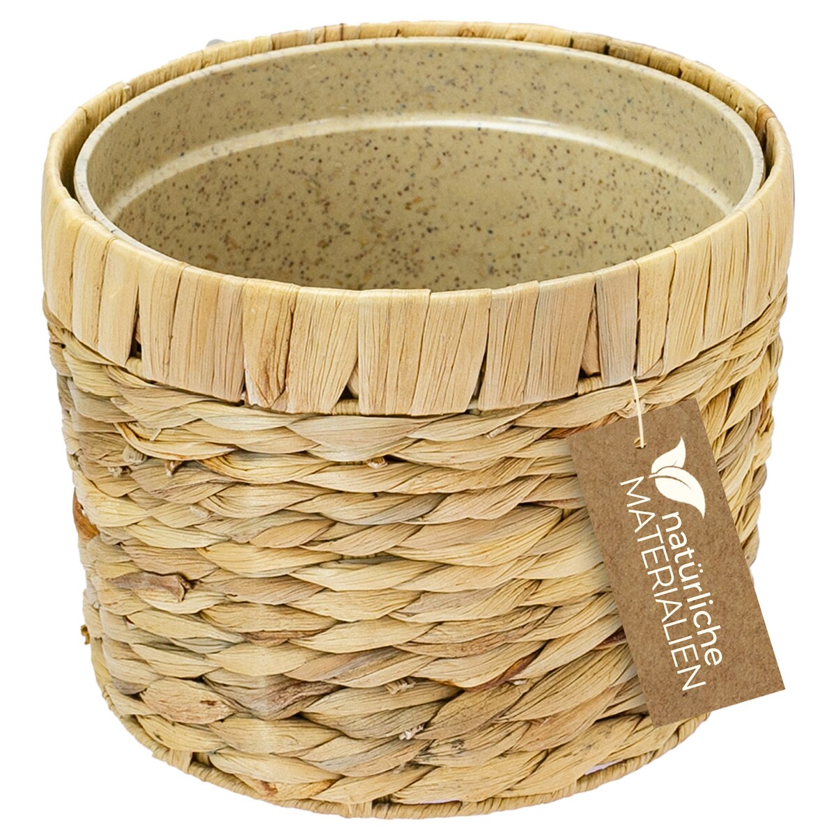 Innovativer Blumentopf geflochten aus Wasserhyazinthe, mit Pflanztopf aus nachhaltigen Rohstoffen, Rund, HMF 37280, 19 cm Durchmesser Image