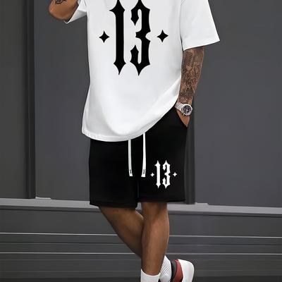 TEMU Gothic Style Print Men's Short Sleeve T-shirt And Waistband Shorts Set, Casual Sports Regular Top And Pants Suit, Suitable For Spring And Summer Matching Image