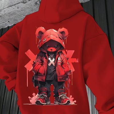 TEMU Men's Trendy Cool Hoodie - Gray Long Sleeve Pullover With Red Accents, Streetwear Style For Fall/winter, Comfortable Polyester , Machine Washable Image