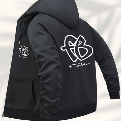 "TEMU Men's Trendy Navy Blue Hooded Jacket With "" Print - Casual Zip-up Bomber With Pockets, Polyester Lining, Regular Fit For Casual Attire, Casual Outerwear | Trendy | Durable Zipper Closure" Image