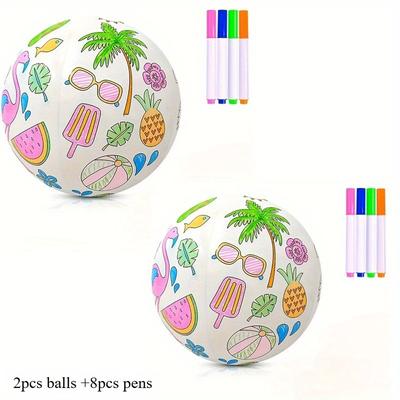 TEMU 10pcs Diy Inflatable Beach Ball Set With 2 Balls + 8 Pens, 30cm Colorful Painting Ball For Water Play, Sports, Balloon Lid And 4 Markers, Beach Toy Ball, Beach Accessories Image