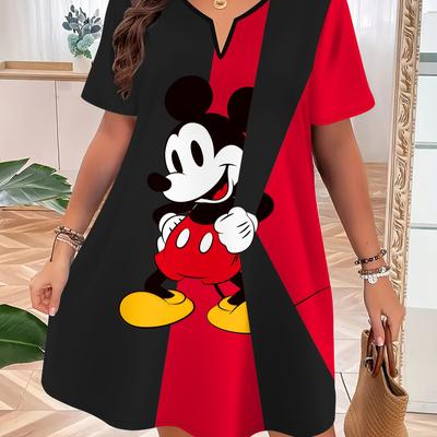 TEMU Women's Elegant Mouse Cartoon Print V-neck Dress - Contrast Short Sleeve Summer Dress, Fitted Machine-washable Casual To Semi-formal Outfit, Dress, Comfortable Fabric Image