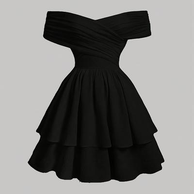 TEMU Elegant Off-shoulder Black Dress With Ruched Detail - Double Layer, Style, Adult, Ideal For Spring/summer, Formal Summer Dress | Ruched Detailing | Polyester Image