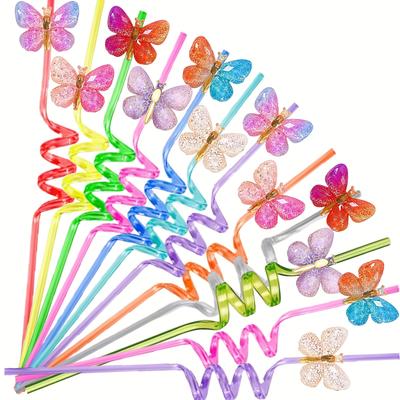 TEMU 12/6pcs Reusable Drinking Straws, Plastic Theme Straws, Party Decorations, Birthday Party Favors, Color Assorted, No Electricity Needed, Feather-free Image