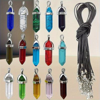 TEMU 56pcs Set Of Hexagonal Column Artificial Gemstone Pendant Jewelry, Bullet-shaped Pointed Pendants, For Diy Necklace Jewelry Making (28 Pendants + 28 Necklace Chains) Image