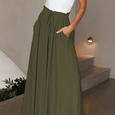 TEMU Women's Lightweight Wide Leg Casual Pants - Solid Color Olive Green With Fake Drawstring Detail, Loose Fit For , Ladies Pant Image