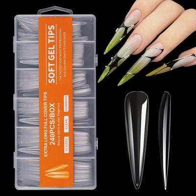 TEMU 240pcs Extra Long Soft Gel Nail Tips - Transparent Full Cover False Nails In Black, , Easy To Apply & Remove, Diy Nail Art, Nail Art Accessories Image