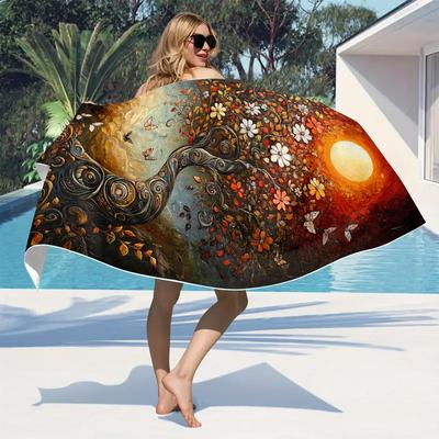 TEMU 1pc Vibrant Tree Of Life Beach Towel - , Quick-dry Polyester, 280gsm - Swimming, Gym, Yoga & Travel - With Flowers & Butterflies, Machine Washable Image