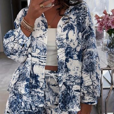 TEMU New Arrival Women's Casual Vacation Long Sleeve Shorts Set With Elegant Blue And White Floral Print, Button Detail, Polyester Fabric, Spring/fall, Casual Wear|floral Print Shorts|polyester Fabric Image