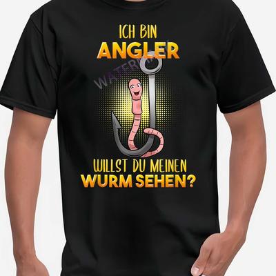 "TEMU Men's Funny Fishing T-shirt- "ich Bin Angler" German Text& Worm Design, Black Short Sleeve Casual Tee, Machine Washable, Fit For Adult Men, Fishing T Shirt" Image