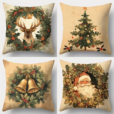 TEMU 4pcs New Christmas-themed Pillow Of Christmas Tree, Santa Claus, Bell, Reindeer, 17.72 X 17.72, For Living Room Sofa, Bed, Bedroom Home Decor, No Pillow Image