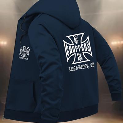 TEMU Men's Casual Graphic Print Hooded Jacket - Black Zipper Front With Kangaroo Pocket, 100% Polyester Machine-washable Regular Fit For Casual Attire, Smooth Texture Finish Image
