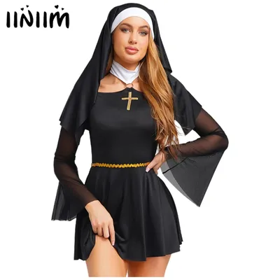 Damen Naughty Nun Evil Cosplay Kostüm und Coif O-Ring Mesh Culottes Gothic Nonne Maid Kleid mit Kopftuch für Halloween Party Image