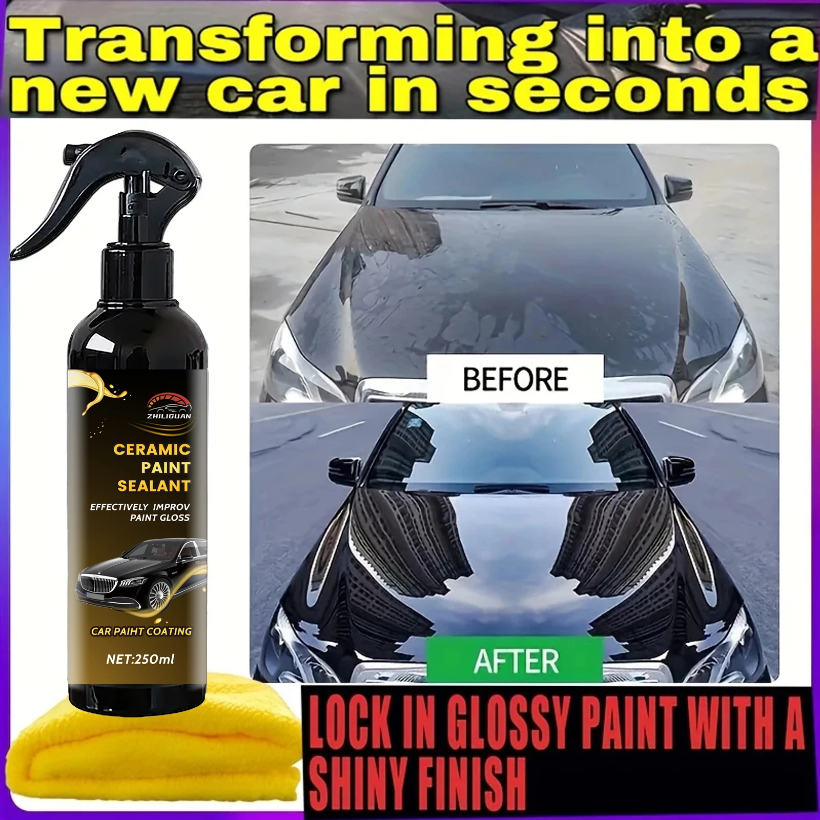 Keramikbeschichtung Fortify Quick Coat Spray – wasserloses Waschen und Wachs, hydrophober Farbversiegelungsmittel mit Mikrotuch, All-Color-Car Image
