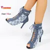 Plus Größe 42 Blau Denim Stiefel Für Frauen Peep Toe Tanz Schuhe 10 CM Dünne High Heels Sexy Hohl
