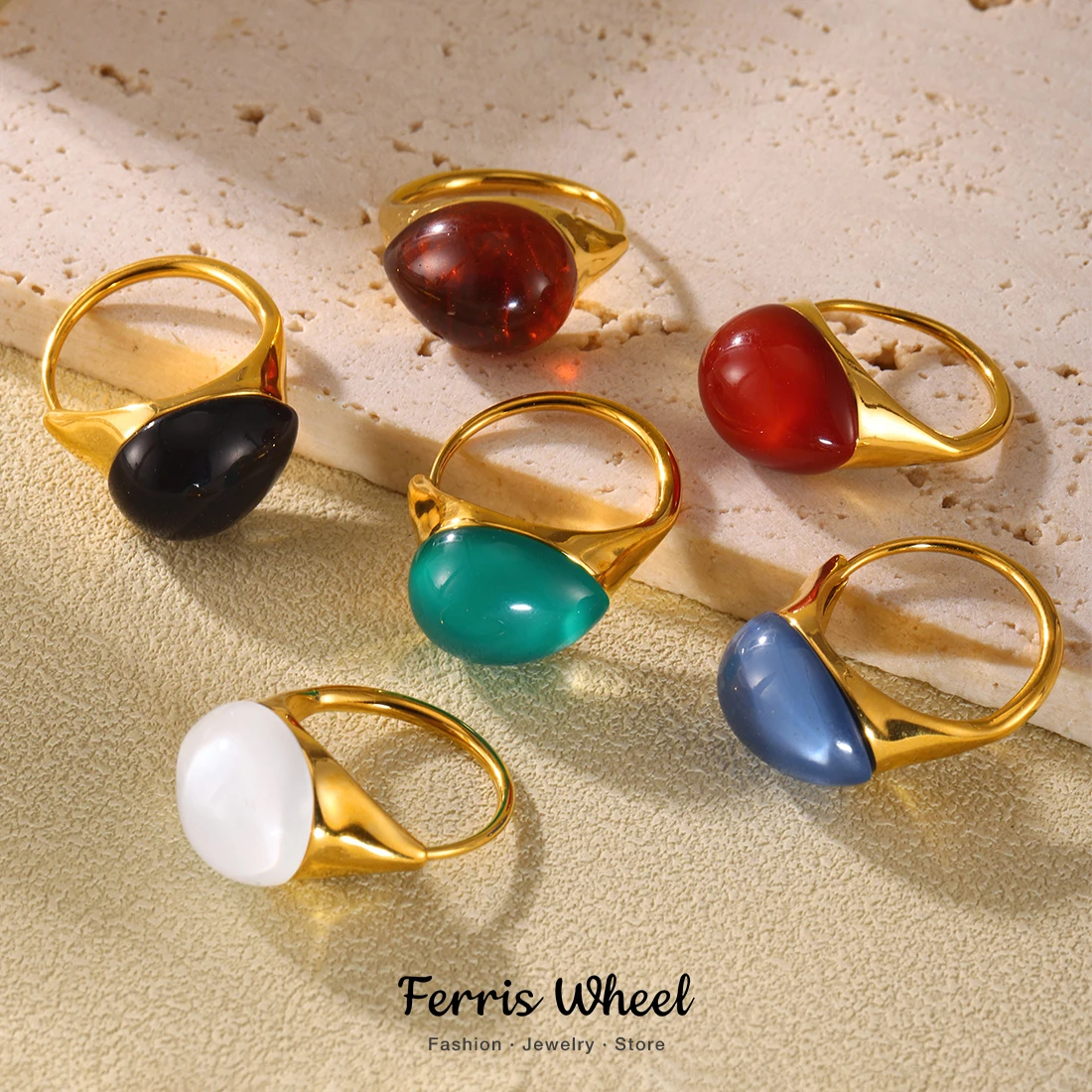 Schöne Harz Edelstahl Ring Halskette Ohrringe für Frauen vergoldet Vintage verstellbare Ringe Luxus Schmuck Geschenk