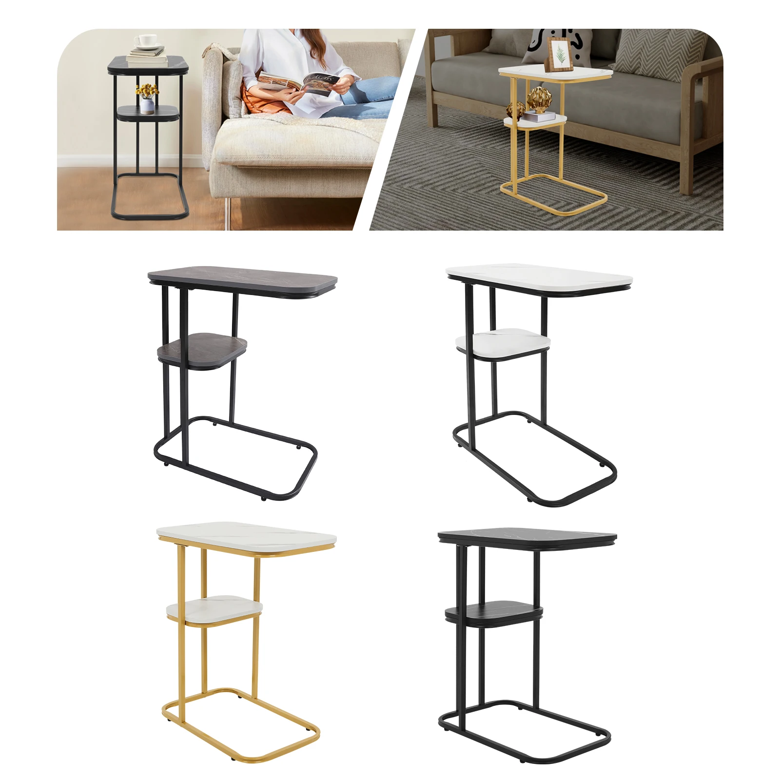 50*30*58cm C-förmiger Beistelltisch, 2-stufiger Couchtisch, 2-stufiger Sofa-Beistelltisch (Schwarz/Schwarz + Grau/Schwarz + Weiß/Gold + Weiß) Image