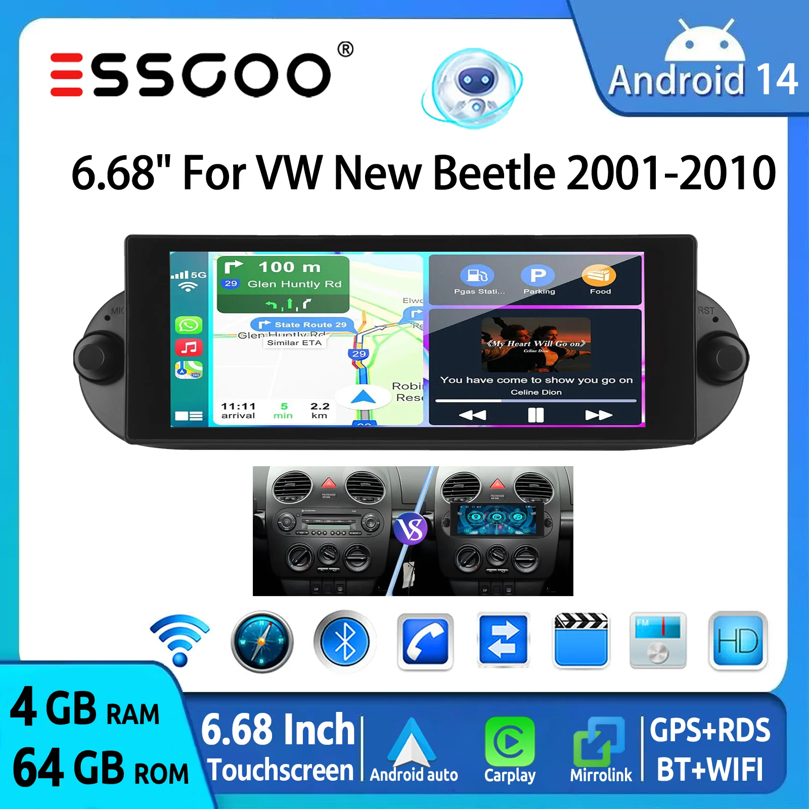 ESSGOO 7" Android 14 Autoradio 64GB Für VW Beetle 2001–2010 Wireless CarPlay Android Auto GPS Navigation FM WiFi Bluetooth USB RDS SWC Mirror Link Touchscreen Head Unit Multimedia-Videoplayer Image