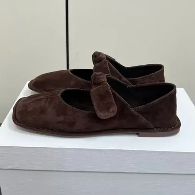 Genuine Leather Ballet Flat Shoes Woman Butterfly-Knot Square Toe Loafers Comfort Walk Shoes Women Daily Outdoors Women's Shoes