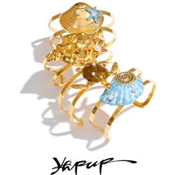 Yhpup Ozean-Stil Emaille Muschel Schildkröte Muschel breite Manschette Armband Armband wasserdicht Edelstahl goldene Handgelenk Sommer Schmuck