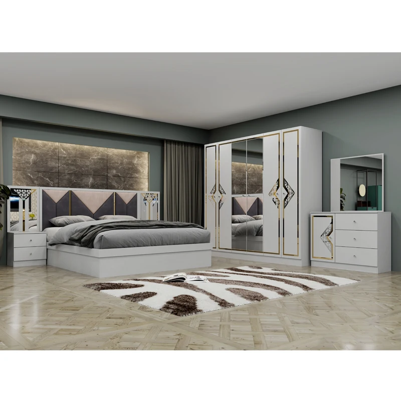 Modernes Kingsize-Bett mit Holzrahmen, Familiensuite, Queensize-Bett, komplettes Luxus-Schlafzimmermöbel-Set aus türkischem Holz Image